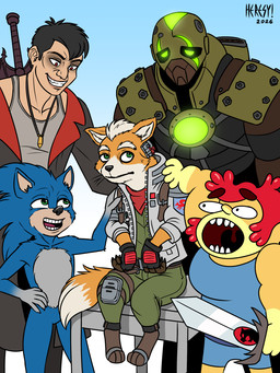 anthro black_hair blue_background blue_body brown_body bullet clothing crows_feet digitigrade facial_tuft gradient_background green_eyes group hair jacket jewelry kerchief machine male melee_weapon necklace red_eyes red_hair shirt simple_background sword tank_top tear_trough text topwear tuft weapon year heresy_(artist) bomberman bomberman_act:zero capcom devil_may_cry konami ninja_theory nintendo sega sonic_the_hedgehog_(series) star_fox star_fox_(2026) thundercats thundercats_roar dante_(dmc) fox_mccloud lion-o sonic_the_hedgehog ugly_sonic canid canine demon eulipotyphlan felid fox hedgehog human hybrid lion mammal pantherine robot 2026 3:4 artist_name hi_res