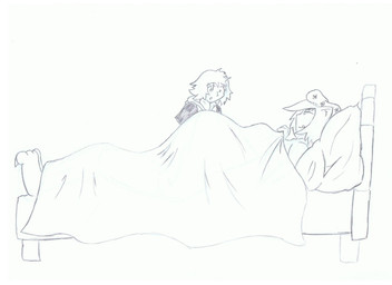 bed belly duo female furniture overweight pillow ndnode wolfette_(character) animal_humanoid canid canid_humanoid canine canine_humanoid human humanoid mammal mammal_humanoid wolf_humanoid 2009 hi_res traditional_media_(artwork)