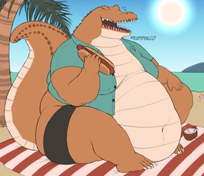anthro beach beach_blanket belly beverage big_belly brown_body brown_scales claws clothed clothing coconut coconut_drink detailed_background drupe_(fruit) eyes_closed food fruit hand_on_knee hand_on_leg holding_food holding_object hot_dog male moobs morbidly_obese morbidly_obese_anthro morbidly_obese_male navel obese obese_anthro obese_male open_clothing open_mouth open_shirt open_smile open_topwear outside overweight overweight_anthro overweight_male palm_tree plant sand scales sea seaside shirt sitting smile solo sun tail teeth thick_tail thick_thighs three-quarter_view toe_claws topwear tree water wide_hips cowdypie crocodilian reptile scalie digital_media_(artwork) full-length_portrait hi_res portrait unavailable_at_source