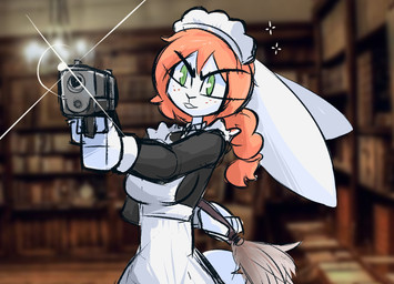aiming_at_viewer anthro breasts cartoon_freckles cleaning_tool clothed clothed_anthro clothed_female clothing feather_duster female freckled_face freckles fur green_eyes gun hair handgun holding_gun holding_object holding_ranged_weapon holding_weapon long-ears maid_headdress maid_uniform orange_hair pistol ranged_weapon solo uniform weapon white_body white_fur kilinah abbi_(kilinah) lagomorph leporid mammal rabbit 2026 hi_res