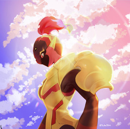 ambiguous_gender anthro armor black_body paldrons plume pointy_ears prick_ears red_eyes sky solo visor visor_helmet yellow_armor yuika9200 nintendo pokemon armarouge generation_9_pokemon humanoid pokemon_(species) 2025 absurd_res hi_res signature