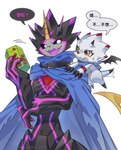 angry anthro belt black_body black_sclera candy cape chocolate clothing dessert duo evolutionary_family food horn kerchief male neckerchief neckwear smug text white_body yellow_eyes confeito000_333 bandai_namco digimon digimon_ghost_game digimon_(species) gulusgammamon chinese_text hi_res