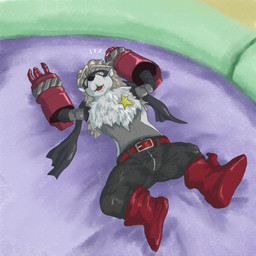 anthro belt bottomwear clothing cybernetic_arm cybernetic_limb female footwear fur grey_body grey_fur grey_hair hair lying mask mechanical_arm on_back open_mouth pants red_eyes shoes solo star white_body white_fur nnn8686 bandai_namco digimon digimon_beatbreak digimon_(species) wolvermon 1:1 2026 digital_media_(artwork) hi_res