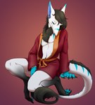 bathrobe bent_over chest_tuft claws clothed clothing curling_toes feet hair looking_at_viewer male neck_tuft partially_clothed pawpads robe sitting solo tail tail_tuft tuft the-crowfox king_chulapa sergal hi_res