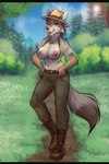 amber_eyes amber_sclera anthro areola black_nose blurred_background boots breasts brown_body brown_fur clothed clothing detailed_background dipstick_tail exhibitionism exposed_breasts eyelashes female footwear fur grass grass_field grey_body grey_fur hair hands_on_hips hat headgear headwear looking_at_viewer markings medium_breasts nipples open_clothing open_mouth open_shirt open_topwear outside park_ranger pink_areola pink_nipples plant shirt shoes sky solo standing tail tail_markings tongue tongue_out topless topwear tree uniform purrchinyan manzanita canid canine canis coyote mammal 2022 dated detailed digital_drawing_(artwork) digital_media_(artwork) hi_res