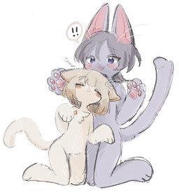 ambiguous/ambiguous ambiguous_gender anthro bangs biped blue_eyes blush bodily_fluids chest_tuft duo exclamation_point eyes_closed flying_sweatdrops front_view fur grey_body grey_fur hair inner_ear_fluff kneeling logo nuzzling pawpads paws pink_pawpads short_hair skinny_ambiguous skinny_anthro speech_bubble sweat sweatdrop tail tuft white_body white_fur udmoxsg domestic_cat felid feline felis mammal artist_logo digital_drawing_(artwork) digital_media_(artwork) hi_res shaded