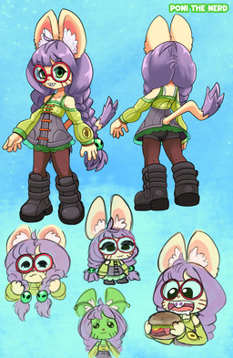 anthro braces braided_hair buckteeth burger butt clothed clothing dress eating eyewear female flat_chested food glasses hair looking_at_viewer nerd pigtails smile solo standing tail teeth young young_female ichduhernz poni_(ichduhernz) domestic_cat felid feline felis mammal 2026 absurd_res hi_res