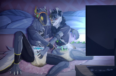 anthro bodily_fluids claws clothing crotch_grab diaper dragon_tail duo feces fondling fur genital_fluids grey_body grey_fur grope hand_on_diaper handjob handjob_through_clothing humanoid_hands inside machine male male/male mutual_handjob mutual_masturbation pantsless_anthro pantsless_male paws peekabu_(diaper) penile red_eyes sex shirt sitting soiled_diaper soiling t-shirt topwear touching_diaper unclean_diaper urine used_diaper watching_television wet_diaper cozygrey abuniverse peekabu canid canine canis hybrid mammal protogen wolf hi_res