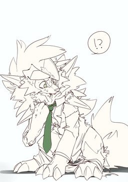 after_transformation ambiguous_gender blep bodily_fluids bottomwear claws clothing feral finger_claws fur fur_growth green_eyes green_necktie growth human_to_feral implied_transformation interrobang looking_at_self male necktie pants shirt sitting solo species_transformation sweat tail tail_growth toe_claws tongue tongue_out topwear torn_bottomwear torn_clothing torn_pants torn_shirt torn_topwear transformation juutton nintendo pokemon canid canine dusk_lycanroc generation_7_pokemon lycanroc mammal pokemon_(species) hi_res partially_colored