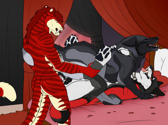 animal_genitalia animal_vulva anthro anthro_on_feral anthro_penetrating anthro_penetrating_feral barely_visible_genitalia barely_visible_penis bed bestiality big_fangs black_pawpads blue_eyes bodily_fluids canine_genitalia canine_vulva cum cum_in_vagina cum_inside erection eyes_closed fangs female female/female female_feral female_penetrated feral feral_on_feral feral_penetrated fur furniture genital_fluids genitals group group_sex interspecies looking_pleasured lying male male/female male_anthro male_penetrating male_penetrating_female markings nude on_back on_bed on_top open_mouth pawpads penetration penile penile_penetration penis penis_in_vagina pink_penis red_body red_fur red_tongue sex standing striped_arms striped_legs striped_markings striped_tail stripes tail tail_markings teeth threesome tongue tongue_out tribadism trio vaginal vaginal_penetration vulva yellow_body yellow_fur killthe_demon angel_(velvetvlade) yipsky canid canine felid mammal hi_res