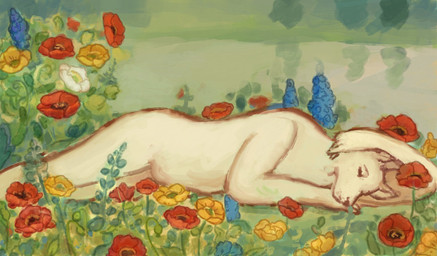 anthro ears_up eyes_closed flower grass lake lying lying_on_ground male nude nude_anthro nude_male on_ground outside plant solo tree reynard_goodfellow canid canine mammal hi_res