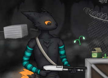 4_fingers ammo_box ammunition anthro arm_warmers armwear barbed_wire black_body black_fur box cave chain-link_fence clothing container crate detailed_background fence fingers fur glowing glowing_eyes glowing_tail_tip gun holding_object holding_ranged_weapon holding_weapon looking_at_weapon male pump_action_shotgun ranged_weapon rock solo standing weapon ekspie-a01 casualties:_unknown canid canine expie_(gunsawian) fox gunsawian hybrid mammal murid murine rat rodent digital_drawing_(artwork) digital_media_(artwork) hi_res