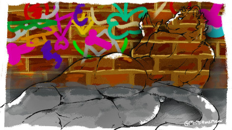 alley anthro big_butt black_claws bodypaint brick brick_wall butt camo claws finger_claws half-closed_eyes looking_at_viewer looking_back lying male narrowed_eyes on_ground on_side rear_view solo thick_thighs wall_(structure) mrmittensmeow meccha_chameleon unknown_species