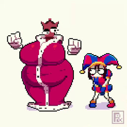 big_breasts big_butt blue_eyes blush blush_stickers breasts brown_body brown_hair brown_skin bulge butt chess_piece cloak clothing door duo erection female floating_hands fool's_hat front_view glistening glistening_clothing gloves grabbing_another gynomorph hair half-closed_eyes handwear hat headgear headwear huge_breasts huge_butt intersex jester_outfit looking_at_another mouthless music narrowed_eyes overweight overweight_female pants_ripping rear_view red_cloak red_clothing red_eyes royalty short_hair simple_background white_background white_body white_clothing white_gloves white_handwear white_skin pixzapix glitch_productions the_amazing_digital_circus pomni_(tadc) queenie_(tadc) animate_inanimate humanoid living_chess_piece 1:1 2026 animated digital_media_(artwork) long_playtime pixel_(artwork) pixel_animation signature sound video