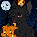 anthro biped black_body black_fur food fruit full_moon fur holidays jack-o'-lantern moon night orange_tongue plant pumpkin red_nose sky smile star starry_sky tongue tongue_out tree goldiescales halloween domestic_cat felid feline felis mammal 1:1 2018