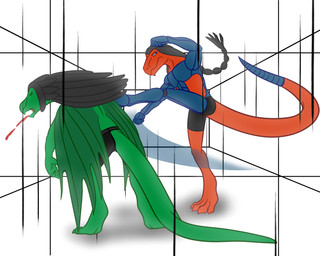 abstract_background anthro blood blue_eyes bodily_fluids braided_dreads clothed clothing cybernetics dreadlocks duo fight hair half-closed_eyes kick machine male narrowed_eyes open_mouth underwear violence x231 modo_tu_(character) sa-vern_voc_(character) cyborg lizard reptile scalie 2016 5:4 digital_media_(artwork) hi_res