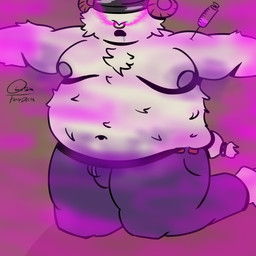 bdsm belly belt big_belly bodily_fluids bondage bottomwear bound clothing covered_eyes drooling drugged drugs forced gas hair injection intelligence_loss intoxication_play kidnapping kneeling male messy_hair mind_control overweight overweight_male pants piercing questionable_consent saliva substance_intoxication tail fattydelta bovid caprine goat mammal 1:1 absurd_res hi_res