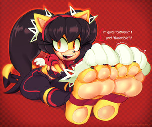 3_toes accessory anthro black_hair bodily_fluids breasts claws clothing dialogue dipstick_tail exercise feet female foot_fetish foot_focus gloves hair hair_accessory hairband handwear humanoid_feet legwear markings open_mouth pawpads paws plantigrade soles solo speech_bubble stirrup_legwear stirrup_stockings stockings sweat tail tail_markings teeth text toe_claws toes cashumeru sega sonic_the_fighters sonic_the_hedgehog_(series) honey_the_cat felid feline mammal 2022 absurd_res english_text hi_res signature