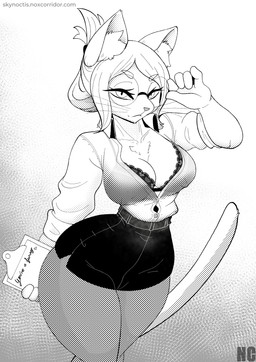 anthro big_breasts biped bra breasts cleavage clipboard clothed clothed_anthro clothed_female clothing eyewear female female_anthro glasses inner_ear_fluff kemono lace_bra lingerie looking_at_viewer office_clothing office_lady round_glasses small_waist solo standing text three-quarter_view tight_clothing translucent tuft underwear whiskers wide_hips skylosminkan hitoner miss_tonerico domestic_cat felid feline felis mammal absurd_res digital_drawing_(artwork) digital_media_(artwork) english_text greyscale halftone hi_res monochrome portrait shaded simple_shading three-quarter_portrait url