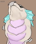 ambiguous_gender blue_frill brown_background ear_frill eyes_closed feral frill_(anatomy) front_view mouth_closed neck_bulge pink_body simple_background solo swallowing tan_body roobin mythology rimefang dragon mythological_creature mythological_scalie scalie artist_name hi_res