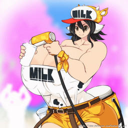 areola big_breasts biped black_hair bottomwear bouncing_breasts breasts clothed clothing eyelashes eyes_closed female hair huge_breasts hyper hyper_breasts milk money nipples pupils simple_background smile solo thick_thighs topwear white_clothing yellow_clothing hataraki_ari animal_humanoid bovid bovid_humanoid bovine bovine_humanoid cattle_humanoid humanoid mammal mammal_humanoid 1:1 animated