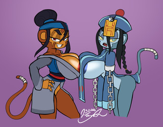alternate_costume anthro areola areola_slip armor breasts chain clothed clothing duo female female/female looking_at_viewer pressing_breasts_together selfcest skimpy square_crossover unconvincing_armor wayesh bloons_tower_defense ninja_kiwi sauda_(bloons) haplorhine mammal monkey primate hi_res