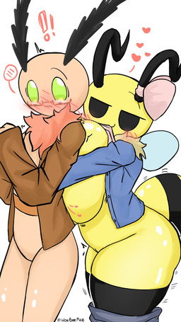 antennae_(anatomy) anthro big_breasts blush blushing_profusely boyfriend/girlfriend breast_squish breasts clothed clothing duo female flirting flustered genitals hug male male/female partially_clothed shy simple_background squish text thick_thighs undressing vulva white_background wings woebeeme bug_fables moonsprout_games annabee_(woebeeme) fan_character motthew_(woebeeme) arthropod bee honey_bee hymenopteran insect lepidopteran moth 2022 9:16 digital_media_(artwork) hi_res
