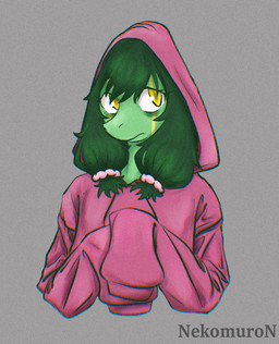 anthro clothed clothed_anthro clothed_female clothing female frown green_body green_hair grey_background hair hood_up hoodie long_hair looking_aside pink_clothing pink_hoodie pink_topwear simple_background solo text topwear yellow_body yellow_eyes nekomuro hold_onto_mi ciro_(tucolewds) compsognathid dinosaur prehistoric_species reptile saurischian scalie scipionyx theropod absurd_res artist_name colored hi_res shaded