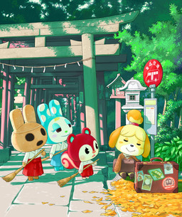 anthro asian_clothing bag blonde_hair broom brown_body bus_stop bus_stop_sign chibi cleaning_tool clothing day detailed_background east_asian_clothing female footwear forest group hair holding_broom holding_cleaning_tool holding_object japanese_clothing lamp leaf miko_outfit open_mouth outside plant red_body shoes sleeping smile standing tail text torii tree senrotou animal_crossing nintendo coco_(animal_crossing) francine_(animal_crossing) isabelle_(animal_crossing) poppy_(animal_crossing) canid canine canis domestic_dog lagomorph leporid mammal rabbit rodent sciurid tree_squirrel 2020 absurd_res digital_media_(artwork) hi_res japanese_text