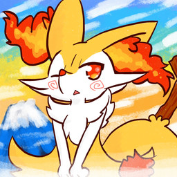 3_fingers ambiguous_anthro ambiguous_gender anthro arm_tuft biped blush cheek_tuft chest_tuft detailed_background dipstick_tail facial_tuft fingers front_view fur hip_tuft inner_ear_fluff markings mount_fuji multicolored_body multicolored_fur no_pupils nude_ambiguous nude_anthro object_in_tail one_eye_closed orange_body orange_eyes orange_fur orange_inner_ear_fluff orange_tail_tip pointy_ears prick_ears red_nose shoulder_tuft solo spiral spiral_blush standing stick stick_in_tail sunset tail tail_markings tapering_snout triangle_mouth tuft two_tone_tail white_body white_fur yellow_body yellow_fur yellow_tail annyui0611 nintendo pokemon braixen canid generation_6_pokemon mammal pokemon_(species) 1:1 2021 digital_drawing_(artwork) digital_media_(artwork) flat_colors hi_res japanese_description translated_description