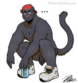 anthro backwards_baseball_cap backwards_hat balls baseball_cap beverage_can black_body black_fur black_nipples blue_eyes bodily_fluids can clothing container cross cross_necklace crouching ellipsis flaccid footwear foreskin fur genitals hat headgear headwear holding_can holding_container holding_object humanoid_genitalia humanoid_penis jewelry looking_at_viewer male melanistic mostly_nude necklace nipples nude penis shoes simple_background sneakers solo sweat sweatdrop sweaty_arms sweaty_chest sweaty_legs tail unretracted_foreskin white_background manyakuma kenny_(manyakuma) felid mammal pantherine 2023 absurd_res cel_shading hi_res shaded signature