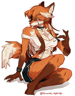 anthro athletic_wear bottomwear clothing eye_patch eyewear female fur gym_bottomwear gym_shorts hair orange_body orange_fur orange_hair shirt shorts simple_background solo tank_top tongue tongue_out topwear white_background noname_myeong jeanne_(noname_myeong) canid canine fox mammal absurd_res hi_res