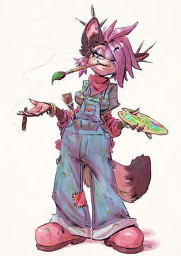 anthro bangle biped brush brush_in_mouth clothing dipstick_tail ear_piercing female footwear holding_blunt holding_palette jewelry kerchief looking_down markings overalls paint_splatter paintbrush paintbrush_in_mouth patch_(fabric) piercing pockets shirt shoes simple_background smoke solo spike_piercing standing t-shirt tail tail_markings topwear white_background bunnyshaped eve_morisot canid canine fox mammal 2025 dated digital_media_(artwork) hi_res signature