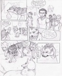 ambiguous_gender canid canine canis clothed clothing comic coop_(wrng) dialogue digitigrade english_text feral fur graphite_(artwork) greeting greyscale group human male mammal monochrome natsume_(wrng) natsumewolf pencil_(artwork) quadruped rikku tail text traditional_media_(artwork) wolf wolf's_rain wolf's_rain_next_generation