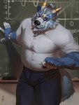 anthro beard blue_body blue_eyes blush bottomwear chalk chalkboard claws clothed clothing embarrassed facial_hair fur hair horn horn_jewelry jewelry looking_at_viewer male mature_male muscular muscular_anthro muscular_male pants shirt solo topwear mystikfox61 howlitebadger badger mammal mustelid musteline 2023 3:4 digital_drawing_(artwork) digital_media_(artwork) hi_res