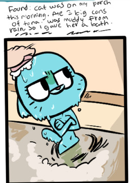 anthro bath blue_body blue_fur breasts cleavage clothed clothing crossed_arms dot_eyes duo female frown fur mature_anthro mature_female navel nude simple_eyes text whiskers manwithnobats cartoon_network the_amazing_world_of_gumball nicole_watterson domestic_cat felid feline felis human mammal 2018 digital_media_(artwork) english_text