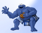 4_toes 5_fingers anthro barefoot biped blue_body blue_fur clothed clothing cookie cosplay crouching derp_eyes feet fingers food fur holding_food holding_object male musclegut muscular muscular_anthro muscular_male open_mouth open_smile overweight overweight_anthro overweight_male smile solo toes topless gavacho13 capcom pbs sesame_street street_fighter cookie_monster edmond_honda monster