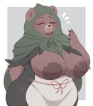 anthro areola big_breasts blush breasts clothed clothing emanata eyes_closed female hand_behind_back inverted_nipples mature_anthro mature_female nipples simple_background solo thick_thighs wide_hips anotherbearsimp mama_mellow_(anotherbearsimp) bear mammal 2023 hi_res