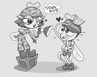 4_arms antennae_(anatomy) anthro blush blush_stickers cartoon_freckles clothing duo eyelashes female fingerless_gloves freckled_face freckles glistening_eyelids gloves handwear insect_wings long_eyelashes male military_helmet military_pants motion_lines multi_arm multi_limb shirt t-shirt tear_trough topwear wings mags-niac disney down_boy_(meme) the_buzz_on_maggie brad_montergoe maggie_pesky arthropod fly_(animal) insect 2025 greyscale hi_res meme monochrome