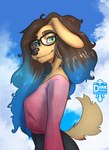 anthro blue_hair clothed clothing eyewear female glasses hair sky skyscape solo josiedink canid canine canis domestic_dog mammal half-length_portrait hi_res portrait