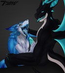 anthro blue_cum bodily_fluids colored_cum cum duo genital_fluids male male/male open_mouth open_smile oral smile teeth tongue tongue_out unusual_bodily_fluids unusual_cum unusual_genital_fluids pejeverdo mythology halley zexyren dragon mythological_creature mythological_scalie scalie sergal hi_res