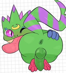 3_toes anus balls butt darkened_anus darkened_balls darkened_genitalia darkened_penis feet genitals green_anus green_balls green_body green_penis looking_at_viewer looking_back male one_eye_closed penis pink_eyes presenting presenting_anus rear_view spread_butt spreading toes tongue tongue_out wink winking_at_viewer crushpepper bandai_namco digimon digimon_(series) digimon_(species) gekkomon hi_res