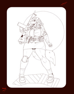 5_fingers aa-12 anthro big_breasts biped border bow_ribbon breasts clothed clothing college_student elbow_pads enamel_pin eye_through_hair eyebrow_through_hair eyebrows eyelashes eyelashes_through_hair eyewear female fingernails fingers floppy_ears fluffy fluffy_tail footwear front_view fully_clothed fur glasses gun hair hair_over_eye knee_pads long_hair mouth_closed nails pigeon_toed plantigrade ranged_weapon red_border shell_(projectile) shoes shotgun shotgun_shell snout socks solo standing sticker tactical_gear tail translucent translucent_hair uniform weapon apyr12 colette_catchlove border_collie canid canine canis collie domestic_dog herding_dog mammal pastoral_dog sheepdog 2025 absurd_res full-length_portrait hi_res monochrome portrait red_and_white sketch