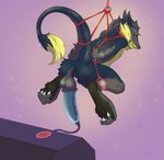 anthro anus balls bdsm bodily_fluids bondage bound butt cum ejaculation erection fur genital_fluids genitals green_body green_fur grey_body grey_fur machine male milking_machine pawpads paws penis restraints rope rope_bondage rope_harness solo tail tail_tuft tuft yellow_body yellow_fur katepetrenko brom_(sahurus) sergal hi_res