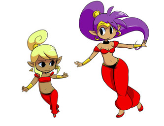 5_fingers blonde_hair breasts brown_body brown_skin clothing cosplay crossover_cosplay crown duo ear_piercing ear_ring female fingers footwear hair headgear humanoid_pointy_ears long_hair not_furry piercing pointy_ears ponytail purple_hair ring_piercing shoes simple_background smile tiara triforce white_background metalbreakdown nintendo shantae_(series) the_legend_of_zelda wayforward wind_waker pirate_leader_tetra shantae genie humanoid hylian 2015 crossover
