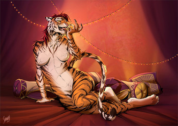 abs anthro breasts claws featureless_breasts female finger_claws fur hair hand_lick inside licking looking_at_viewer medium_breasts naturally_censored neck_tuft nude nude_anthro nude_female orange_body orange_fur pawpads paws pillow pose red_hair solo string_lights stripes tail thick_thighs tongue tongue_out tuft whisker_spots whiskers wide_hips yellow_eyes yokozuwari shamerli kyana_(kyanakat) felid mammal pantherine tiger 2022 digital_media_(artwork) signature