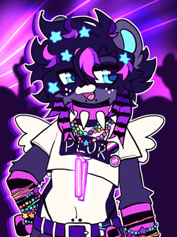 ambiguous_gender anthro armwear barbell_piercing belt black_nose blue_belt blue_eyes bracelet clothing collar crop_top cute_fangs fangs freckled_face freckles front_view hair jewelry looking_away multicolored_hair navel navel_piercing open_mouth pattern_armwear pattern_clothing piercing pink_collar rave shirt solo spiked_collar spikes striped_armwear striped_clothing stripes teeth thong_straps topwear tuft white_clothing white_crop_top white_topwear white_wings wings kingsillysmilez starbit_(kingsillysmilez) mammal procyonid raccoon 2023 3:4 colored colored_sketch digital_drawing_(artwork) digital_media_(artwork) hi_res sketch