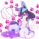 3_fingers 3_toes ambiguous_gender arm_support bone fangs feet fingers footprint fur open_mouth pattern_background pawpads pawprint pawprint_background paws pink_pawpads red_eyes simple_background sitting solo teeth toes yellow_body yellow_fur kuromatsu nintendo pokemon canid canine generation_4_pokemon lucario mammal pokemon_(species) 1:1 2010