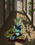 akryloth anthro athletic building clothed clothing crossed_legs evening hi_res horn inside magic male markings meditating modern partially_clothed reptile scalie snake snake_hood solo spots spotted_body tropical yellow_body