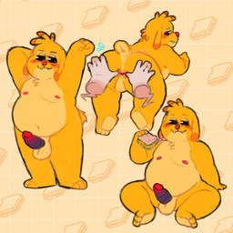 3_toes 4_fingers 5_fingers antennae_(anatomy) anthro anus areola balls blush butt chest_tuft cute_fangs dipstick_antennae dipstick_ears ear_markings erection fangs feet fingers food fur genitals hand_behind_head holding_food holding_object humanoid_genitalia humanoid_hands humanoid_penis male markings multicolored_antennae multicolored_ears multicolored_penis overweight overweight_anthro overweight_male pattern_background penis pink_areola raised_arm sandwich_(food) simple_background sitting small_tail solo standing tail teeth toes tuft two_tone_penis yellow_body yellow_fur shyybuchi disney lilo_and_stitch reuben_(lilo_and_stitch) alien experiment_(lilo_and_stitch) 1:1 2020 watermark